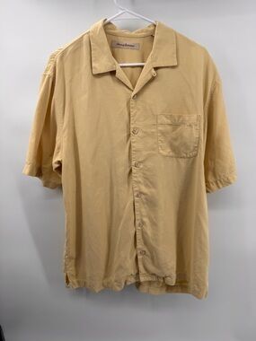 Tommy Bahama Men’s 100% Silk Textured Camp Button-up Shirt- Mustard Yellow Med